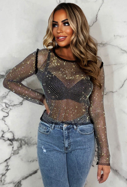 Flawless Diamond Black Diamante Long Sleeve Top
