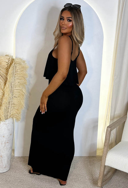 Heatwave Black Super Soft Comfort Jersey Frill Maxi Dress