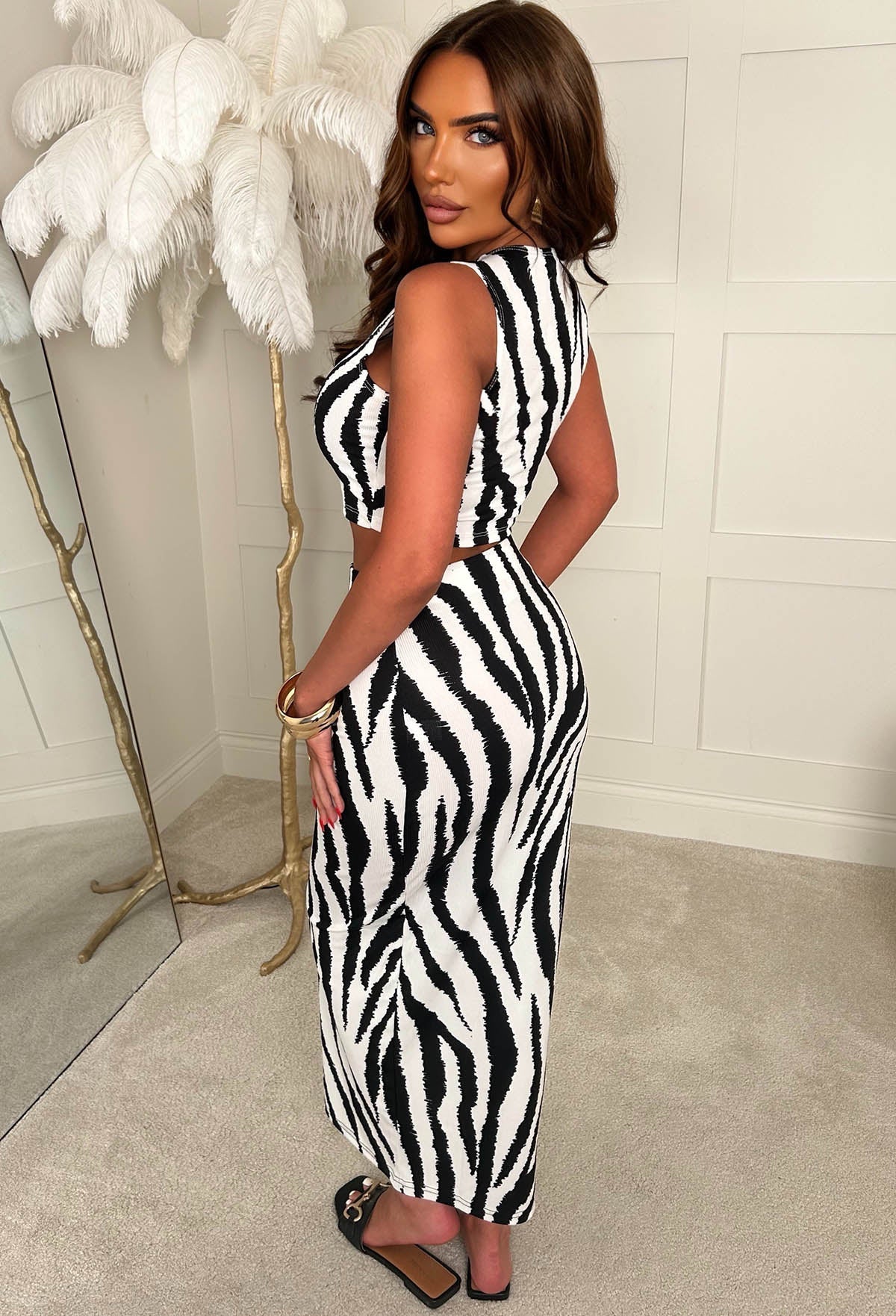 Honey Please Black Animal Print Ribbed Vest Top & Midi Skirt Set