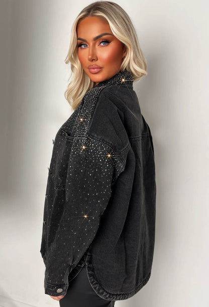 Hot To Handle Black Oversized Hot Fix Denim Shirt