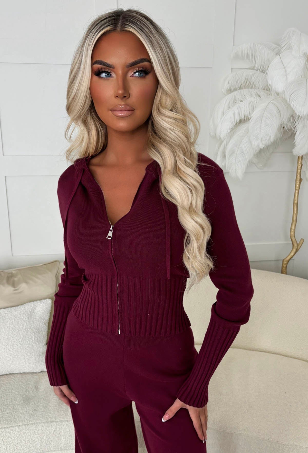 Kassie Burgundy Knitted Hoodie & Anabella Burgundy Trousers Set