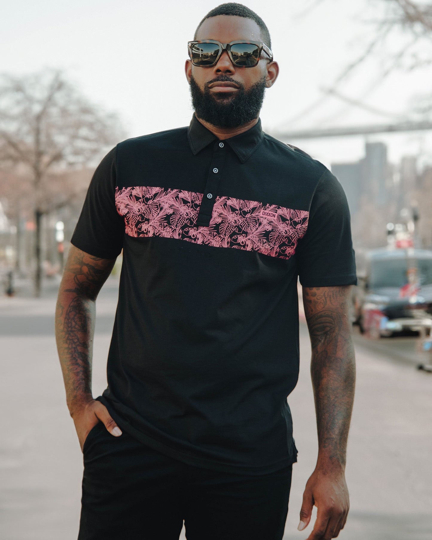 Coral Floral Premium Polo - Black