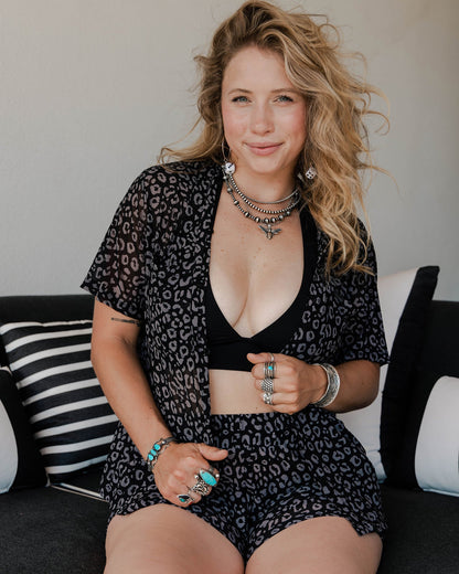Women's Mesh Cover Up Button Up - Black Leopard